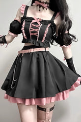 BXOXO - Black/Pink Tie Bow Gothic Sweet Lolita Strapless Skirt Dress 2 Pieces Set